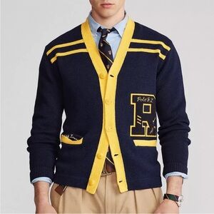 Ralph Lauren Rugby Letterman Patchwork Cotton Cardigan Navy Blue Yellow Size L